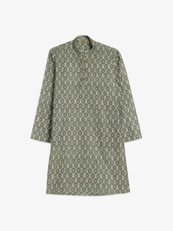 Cotton olive printed festive kurta suit