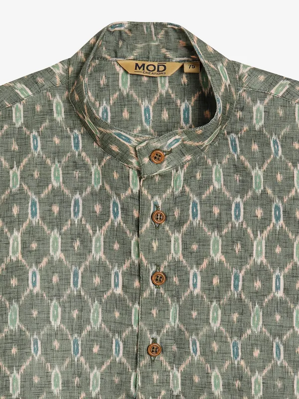 Cotton olive printed festive kurta suit