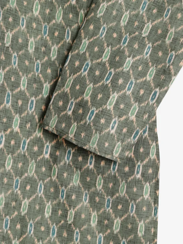 Cotton olive printed festive kurta suit