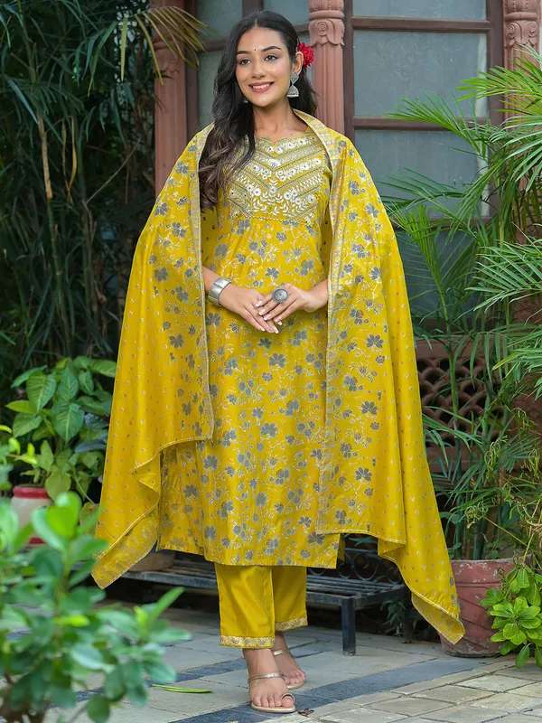 Cotton olive printed festive wear kurti set