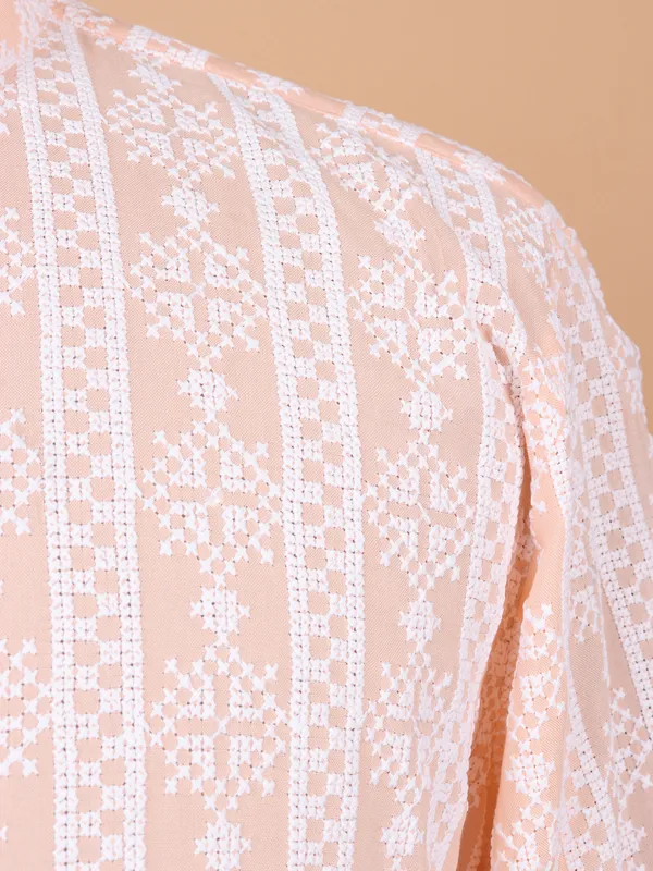 Cotton peach thread work kurta suit