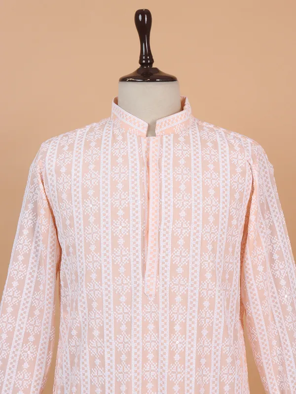 Cotton peach thread work kurta suit