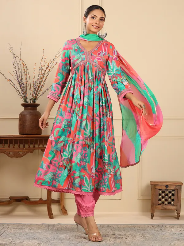 Cotton pink and green printed kurti set