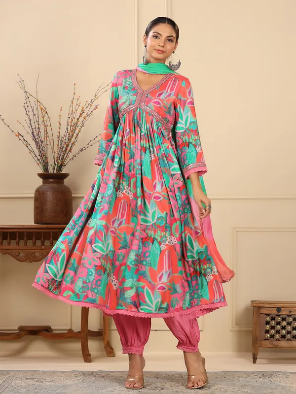 Cotton pink and green printed kurti set