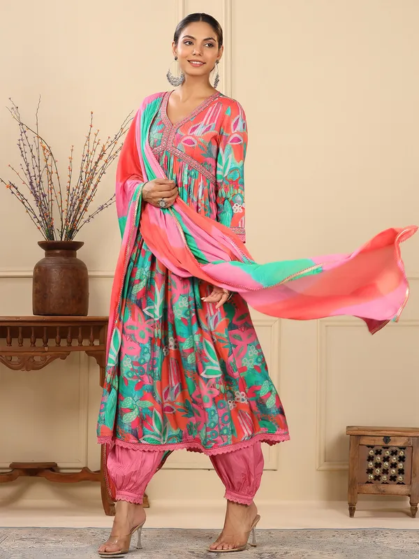 Cotton pink and green printed kurti set