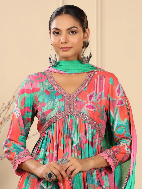 Cotton pink and green printed kurti set