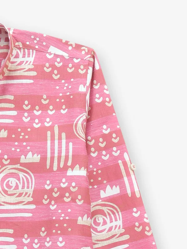 Cotton pink kurta style shirt for boys with prints