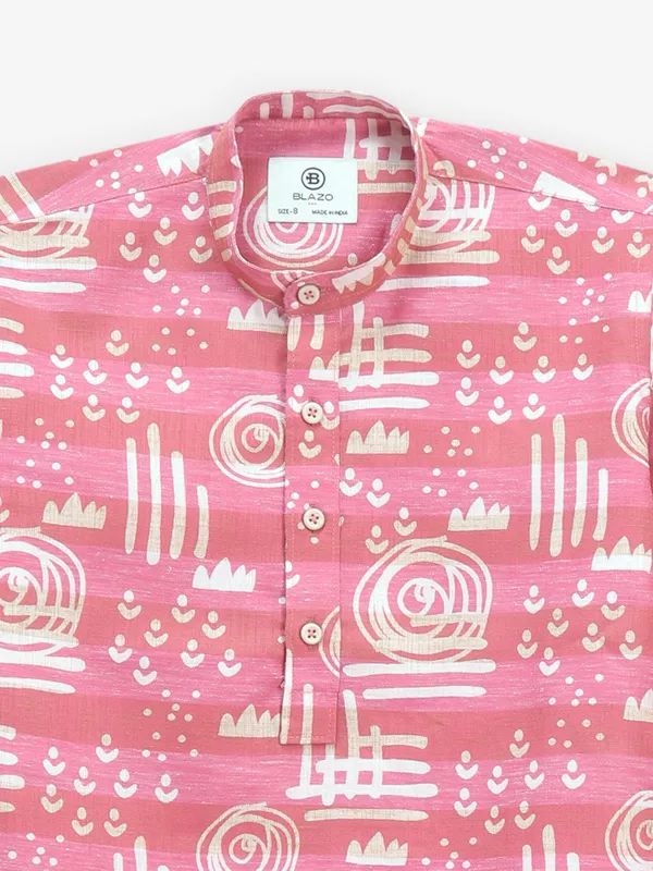 Cotton pink kurta style shirt for boys with prints