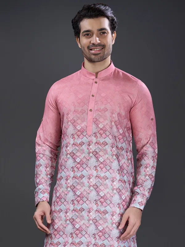 Cotton pink printed kurta suit