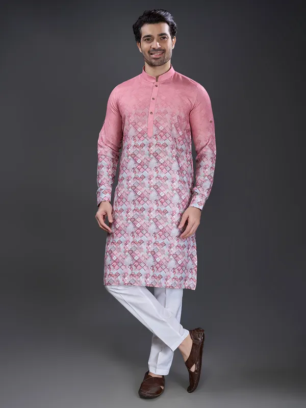 Cotton pink printed kurta suit