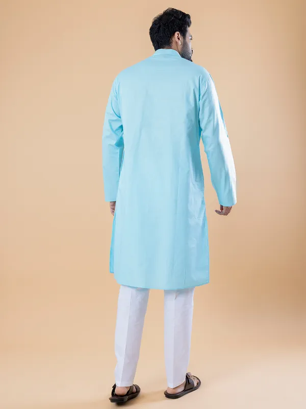 Cotton plain sky blue kurta suit