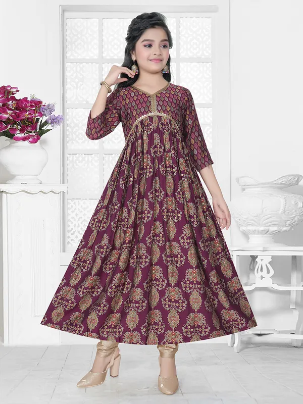 Cotton printed anarkali suit in wine