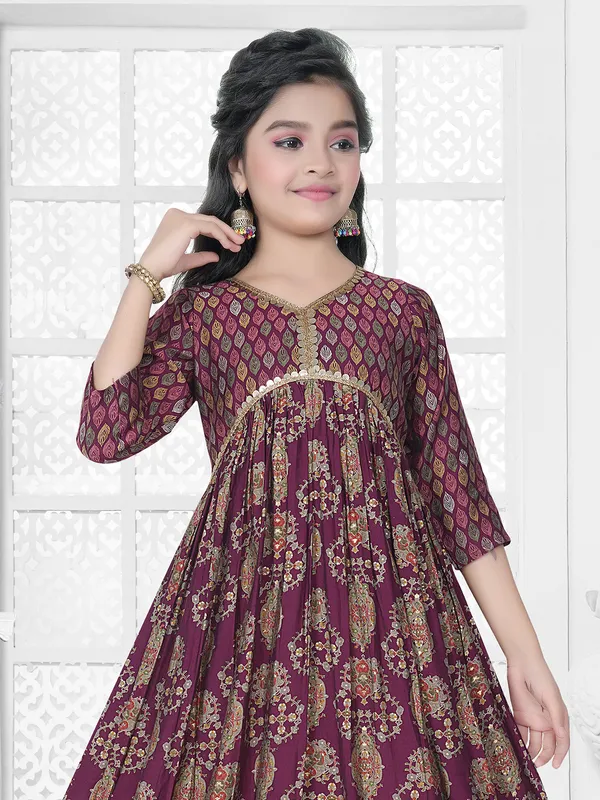 Cotton printed anarkali suit in wine