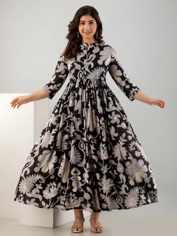 Cotton printed black long kurti