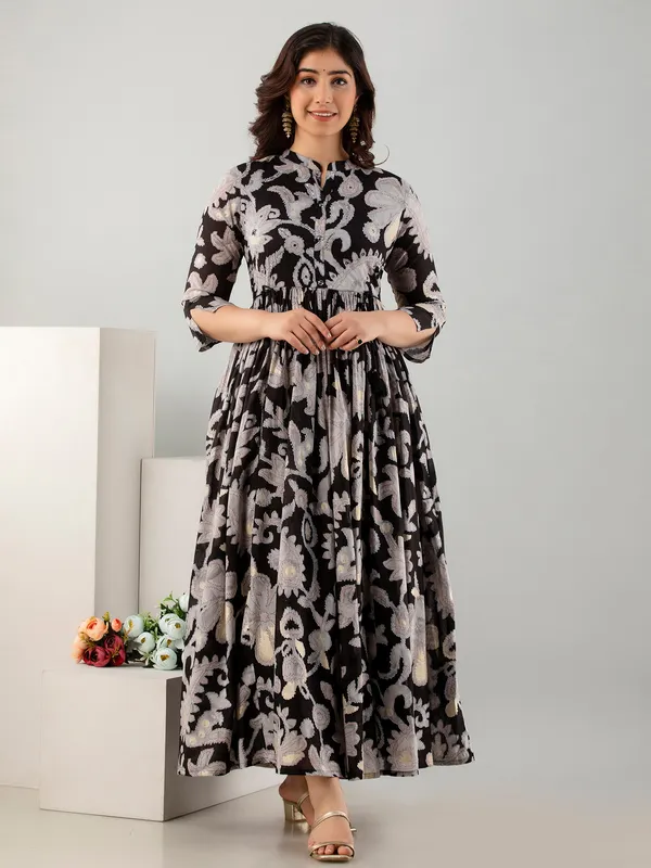 Cotton printed black long kurti
