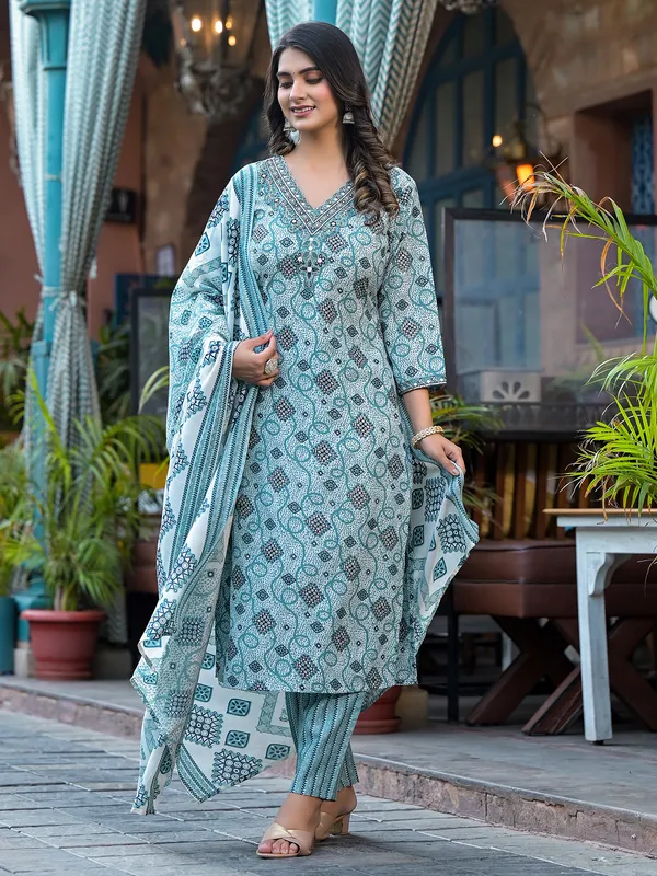 Cotton printed blue kurti set with dupatta