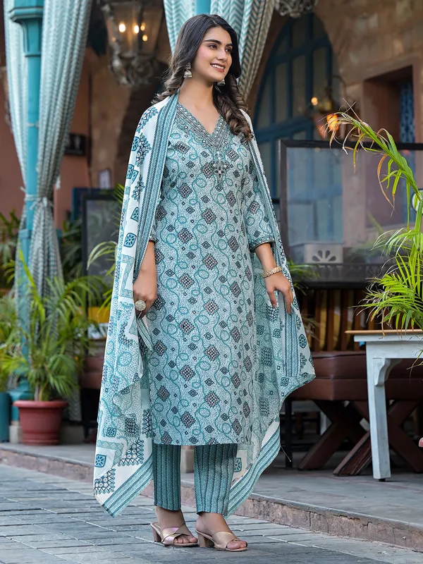 Cotton printed blue kurti set with dupatta