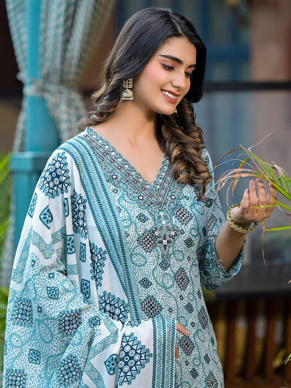 Cotton printed blue kurti set with dupatta
