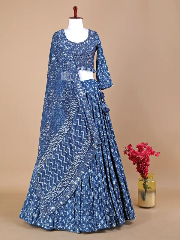 Cotton printed blue lehenga choli with dupatta