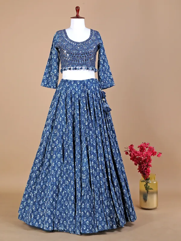 Cotton printed blue lehenga choli with dupatta