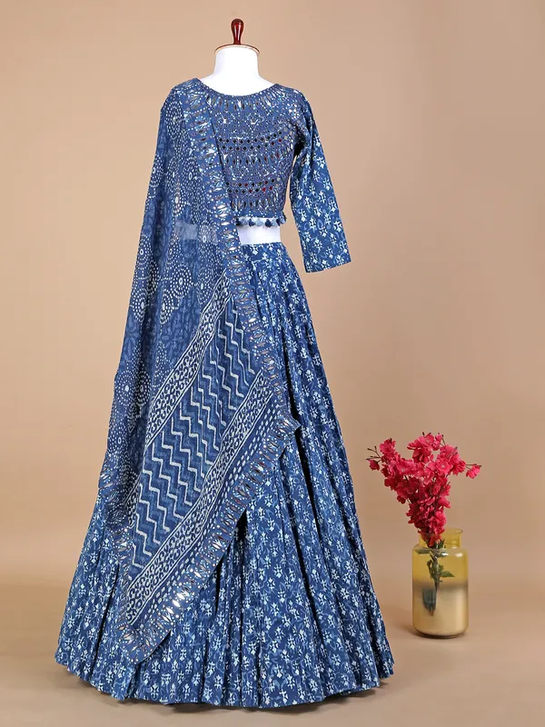 Cotton printed blue lehenga choli with dupatta