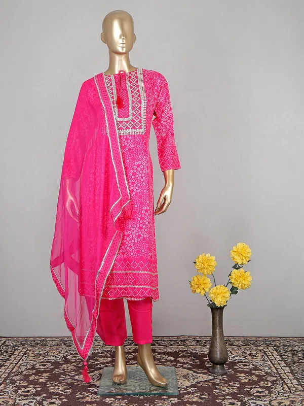 Cotton printed bright pink festive wear pant suit
