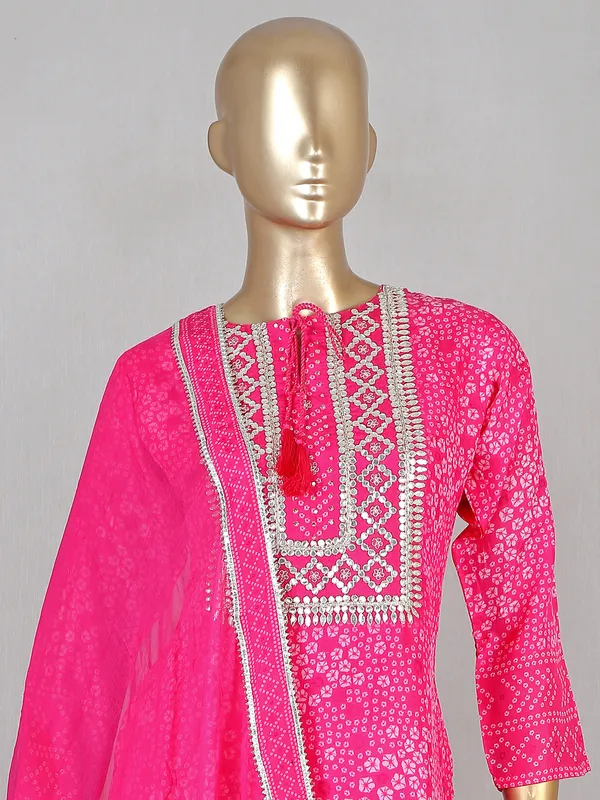 Cotton printed bright pink festive wear pant suit