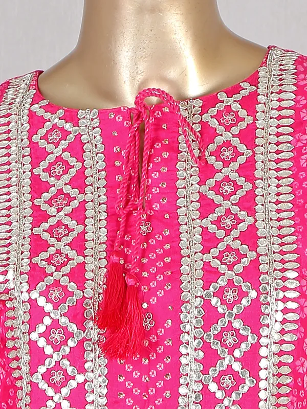 Cotton printed bright pink festive wear pant suit