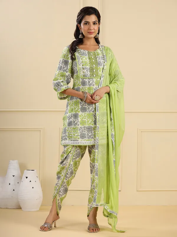 Cotton printed green dhoti set