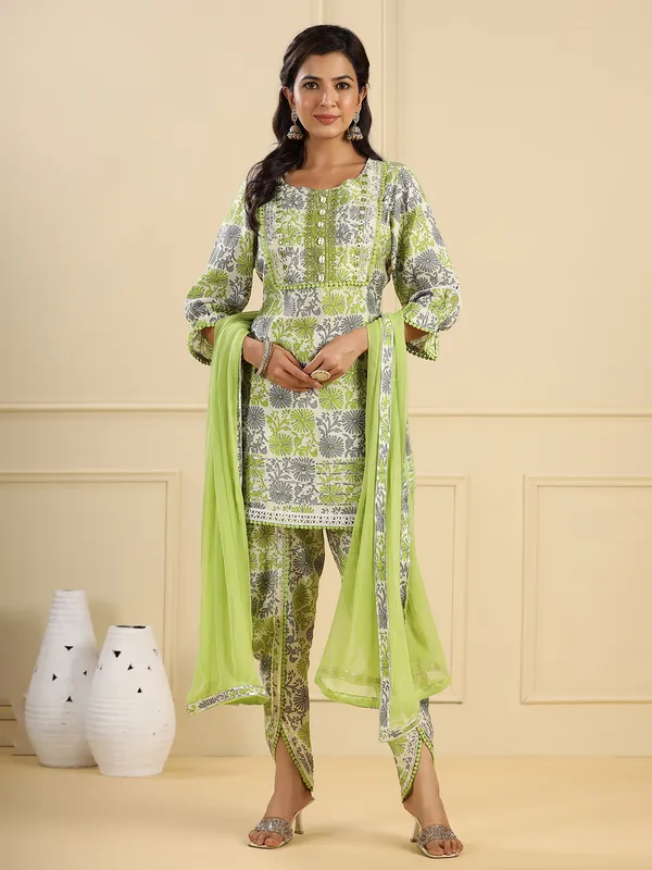 Cotton printed green dhoti set