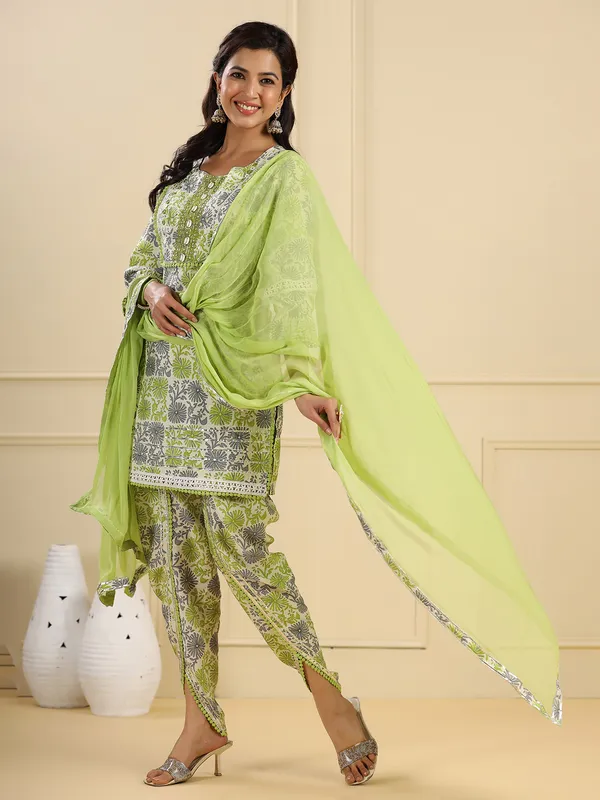 Cotton printed green dhoti set