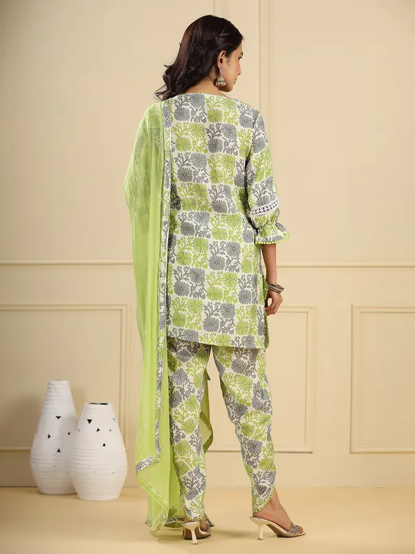 Cotton printed green dhoti set