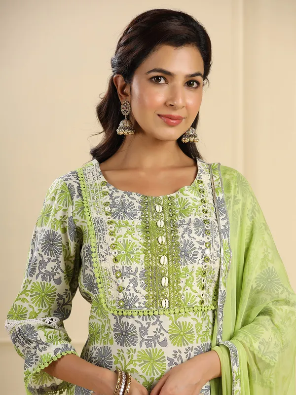 Cotton printed green dhoti set