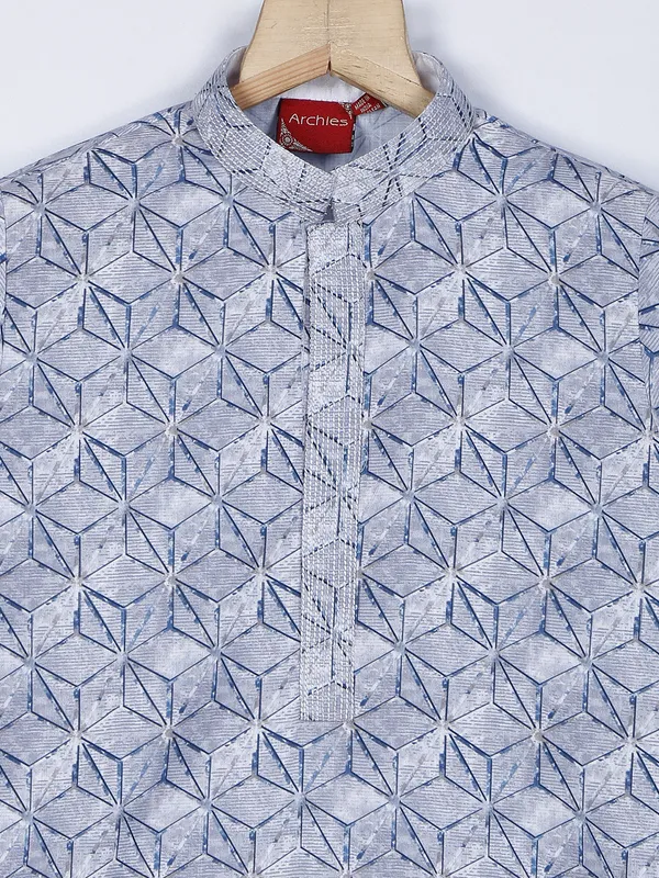 Cotton printed grey kurta suit for festive