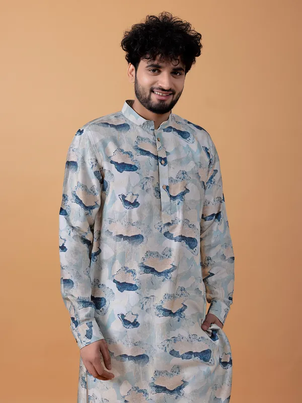 Cotton printed kurta suit in sky blue