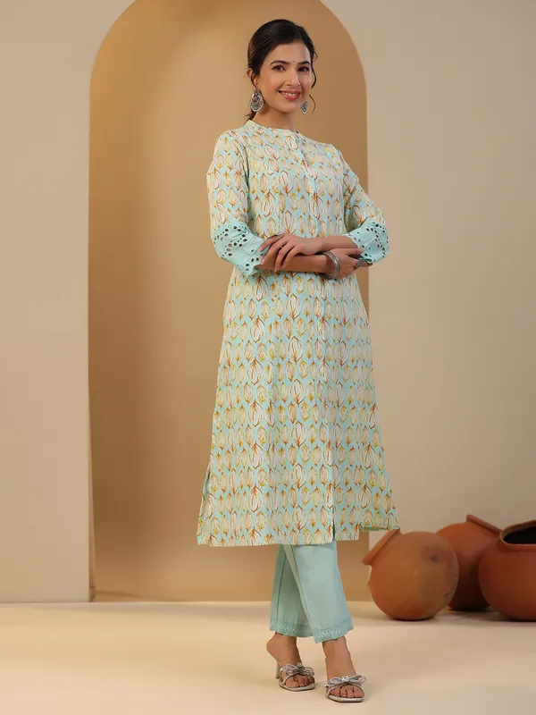 Cotton printed kurti in sky blue