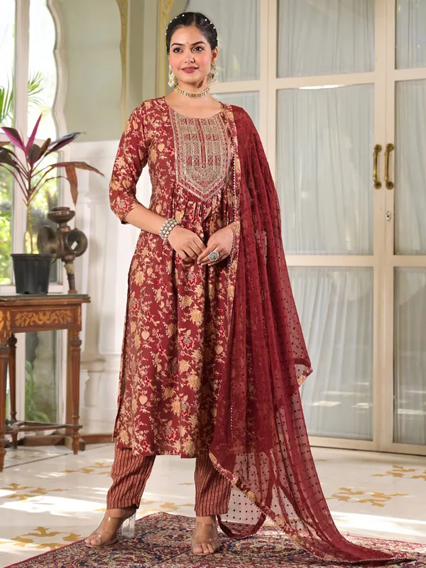Cotton printed kurti set in maroon