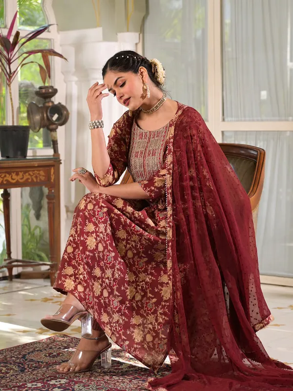 Cotton printed kurti set in maroon
