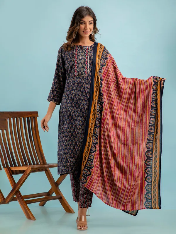Cotton printed kurti set in navy