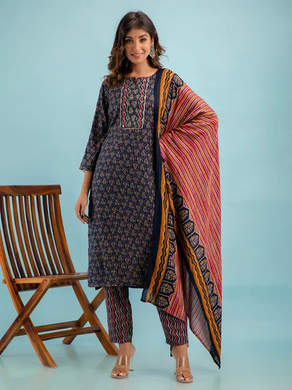 Cotton printed kurti set in navy