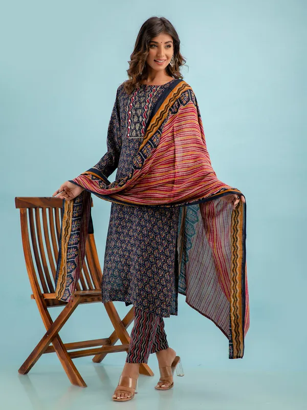 Cotton printed kurti set in navy
