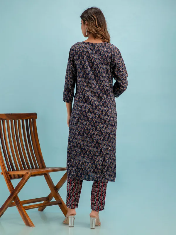 Cotton printed kurti set in navy