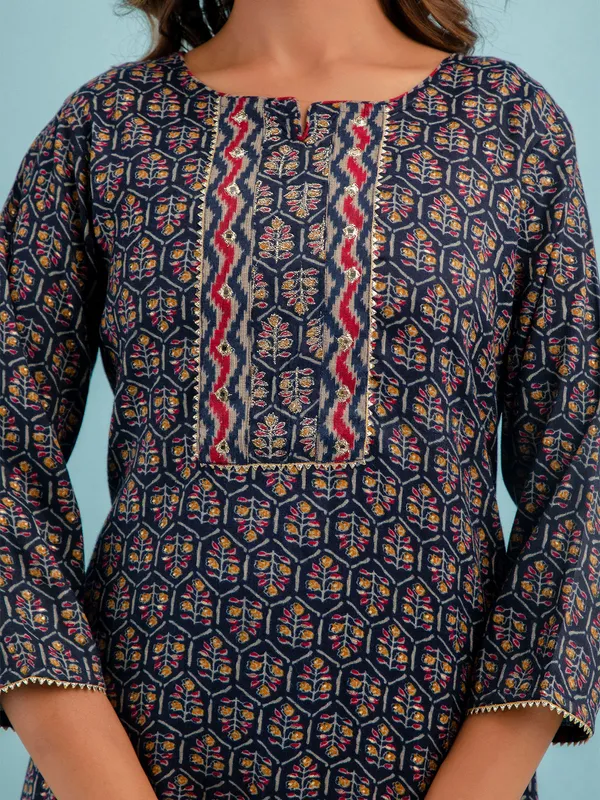 Cotton printed kurti set in navy