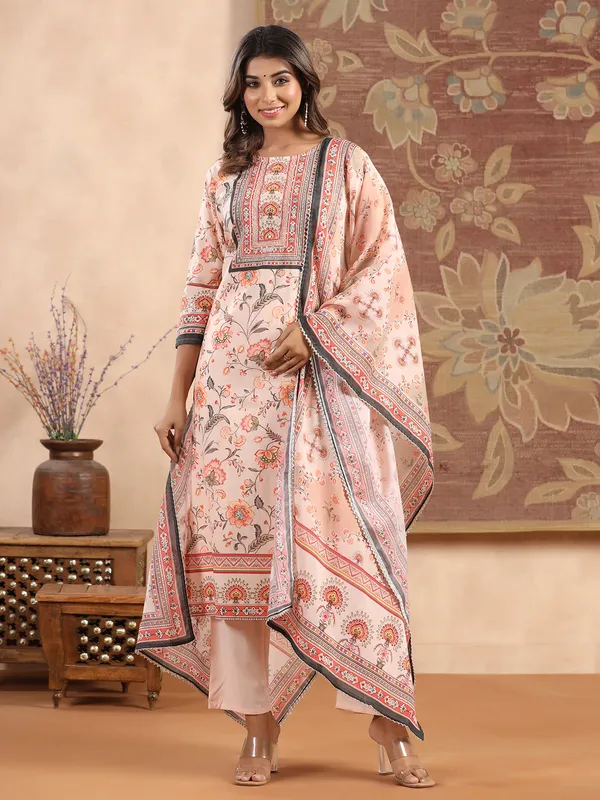 Cotton printed kurti set in peach