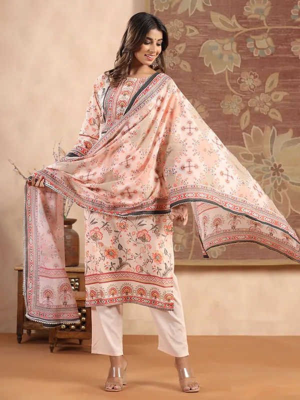 Cotton printed kurti set in peach