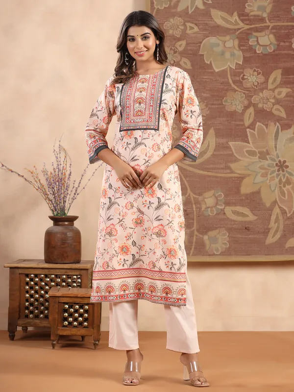 Cotton printed kurti set in peach