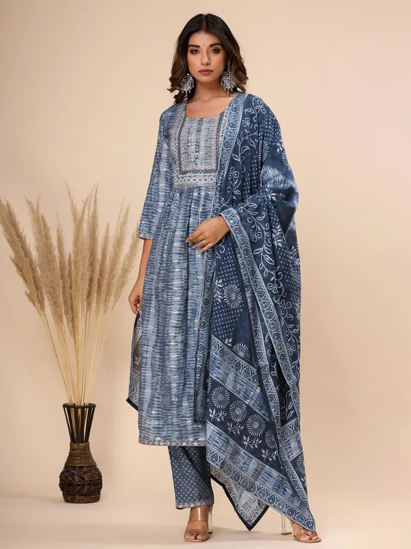 Cotton printed kurti set in stone blue