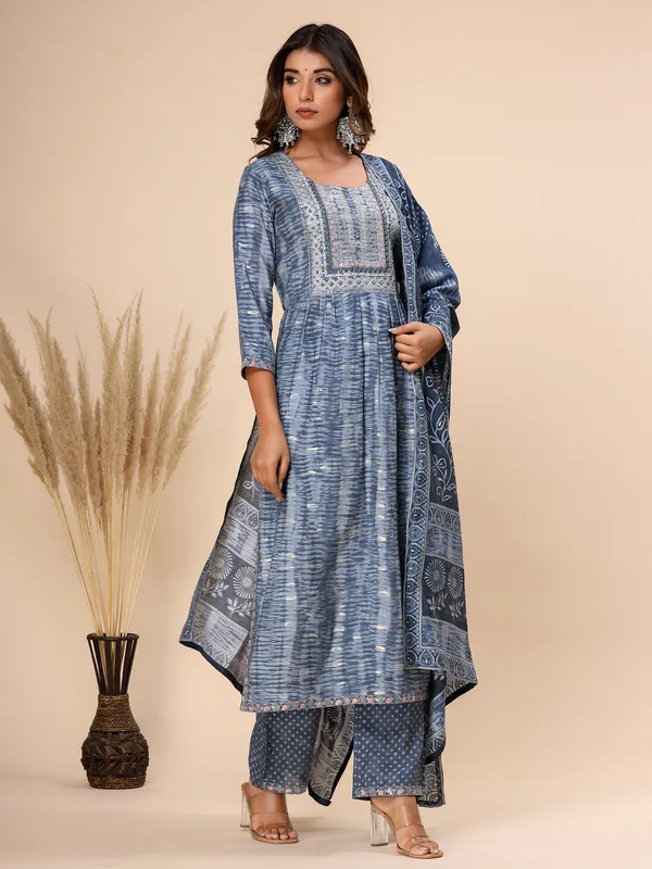 Cotton printed kurti set in stone blue