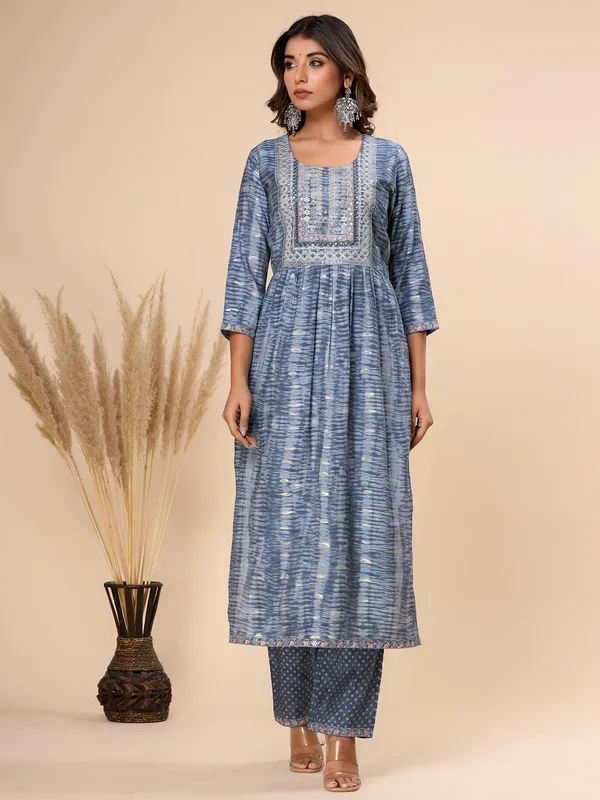 Cotton printed kurti set in stone blue