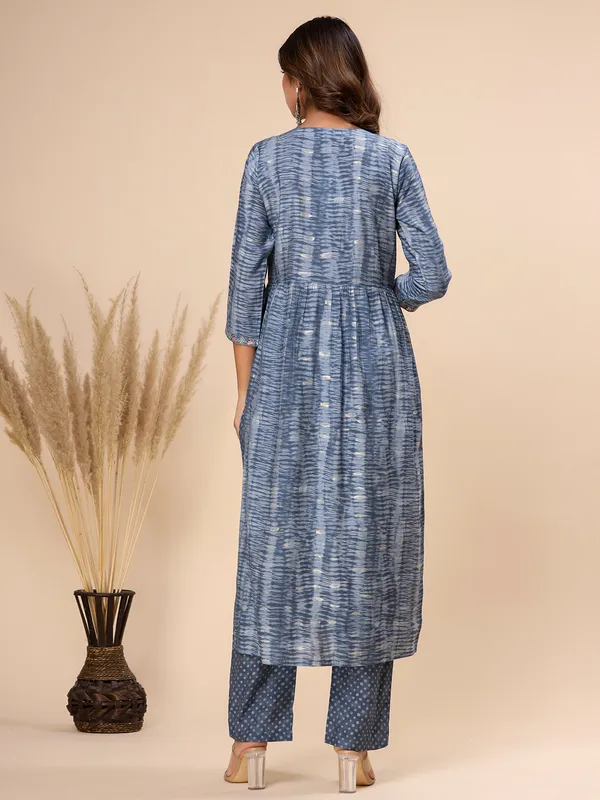 Cotton printed kurti set in stone blue